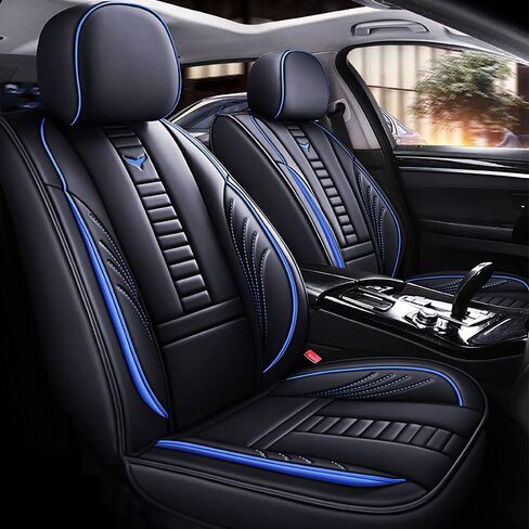 Full Set of Universal Fit Automotive Seat Covers fit for KIA K5 2021-2025, PU Leather Automobile Interior Sets with Headrest & Back Pillow Black & Blue Line in Saudi Arabia