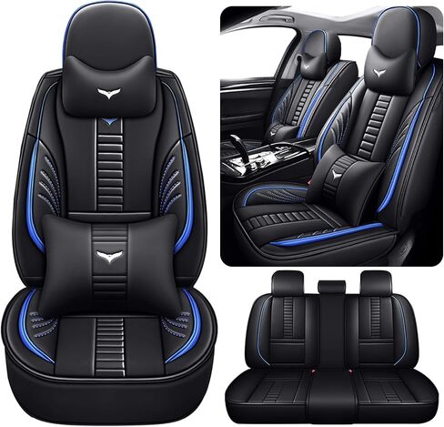 Full Set of Universal Fit Automotive Seat Covers fit for KIA K5 2021-2025, PU Leather Automobile Interior Sets with Headrest & Back Pillow Black & Blue Line in Saudi Arabia