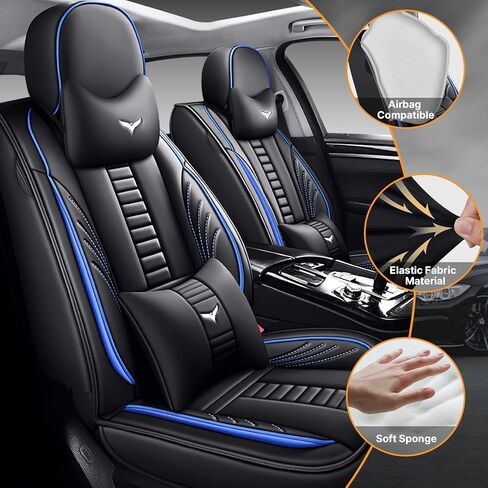 Full Set of Universal Fit Automotive Seat Covers fit for KIA K5 2021-2025, PU Leather Automobile Interior Sets with Headrest & Back Pillow Black & Blue Line in Saudi Arabia