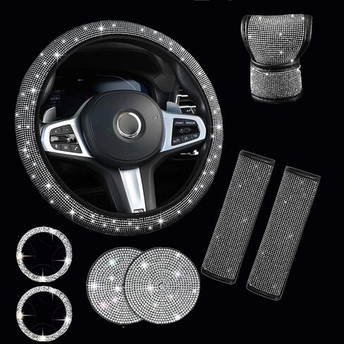 8 pcs Bling Car Accessories Set for Women, Steering Wheel Cover, Sparkly Seat Belt Covers, Bling Gear Shift Cover, Universal Fit Most Cars (Silver Diamond) in Kuwait