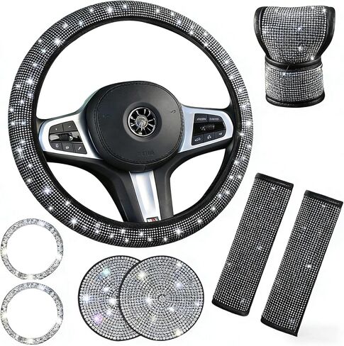 8 pcs Bling Car Accessories Set for Women, Steering Wheel Cover, Sparkly Seat Belt Covers, Bling Gear Shift Cover, Universal Fit Most Cars (Silver Diamond) in Kuwait