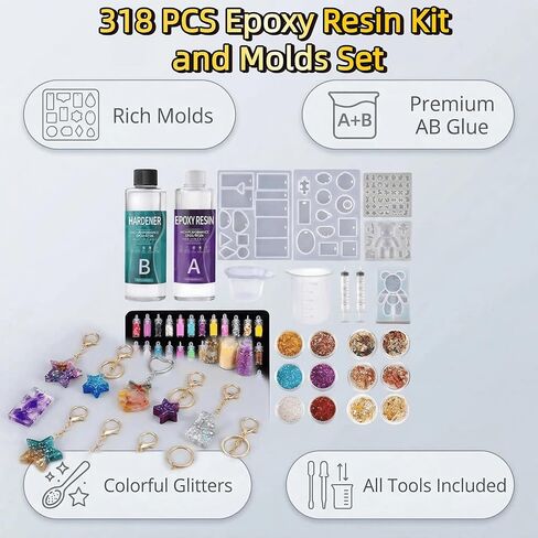 Epoxy Resin Kit and Molds Set,318 PCS Complete Art Starter Kit with Silicone Molds,AB Glue,Glitter,Pigments & Tools.Casting Resin for Jewelry Making,Beginners & Adults.Ultimate Gift for Women & Girls in Saudi Arabia