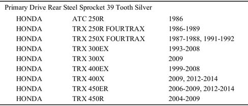 Primary Drive Rear Steel Sprocket 39 Tooth Silver Compatible with Honda TRX450R 2004-2009, TRX450EX 1999-2008, TRX 300EX 1993-2008, TRX 250R FourTrax 1986-1989 in Kuwait