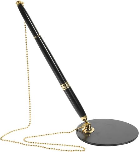 Baluue Security Signature Pen with Adhesive Chain and Table Stand Holder, Wear-resistant Multi-function Office Pen for Bank Counter and Business Use, Black with Gold Accessories in Kuwait