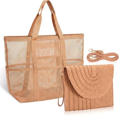 2 Pcs Mesh Beach Bag Straw Clutch Handbag for Women Travel Tote Set Purse with Pouch Beach Bag with Handwoven Clutch for Summer Vacation Cruise Travel in Saudi Arabia