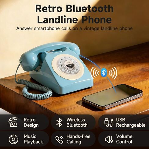 Bluetooth Landline Phone, Retro Bluetooth Home Phone, Vintage Old Fashioned Telephone with Speakerphone & Volume Control, Wireless Rechargeable Telephone for Bedroom, Home & Office, Blue in Saudi Arabia