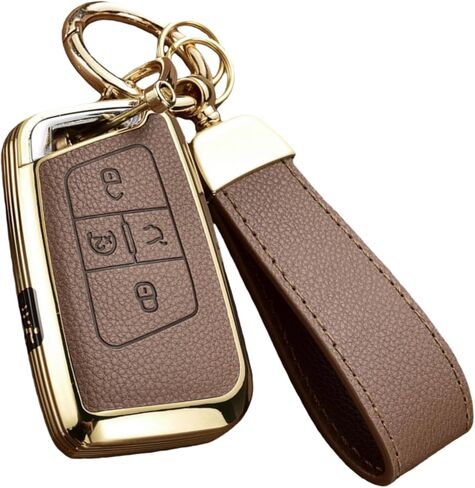 غطاء Key Fob متوافق مع سيارة Volkswagen VW Atlas Tiguan Jetta Passat Golf Alltrack Arteon Taos، جلد علوي + غطاء غطاء مفتاح من مادة TPU (5 أزرار، بني) in Kuwait