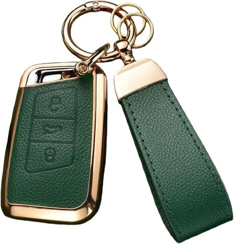 غطاء Key Fob متوافق مع سيارة Volkswagen VW Atlas Tiguan Jetta Passat Golf Alltrack Arteon Taos، جلد علوي + غطاء غطاء مفتاح من مادة TPU (5 أزرار، بني) in Kuwait