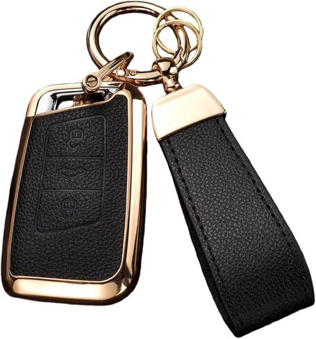 غطاء Key Fob متوافق مع سيارة Volkswagen VW Atlas Tiguan Jetta Passat Golf Alltrack Arteon Taos، جلد علوي + غطاء غطاء مفتاح من مادة TPU (5 أزرار، بني) in Kuwait