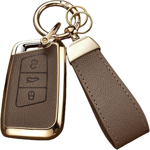 غطاء Key Fob متوافق مع سيارة Volkswagen VW Atlas Tiguan Jetta Passat Golf Alltrack Arteon Taos، جلد علوي + غطاء غطاء مفتاح من مادة TPU (5 أزرار، بني) in Kuwait