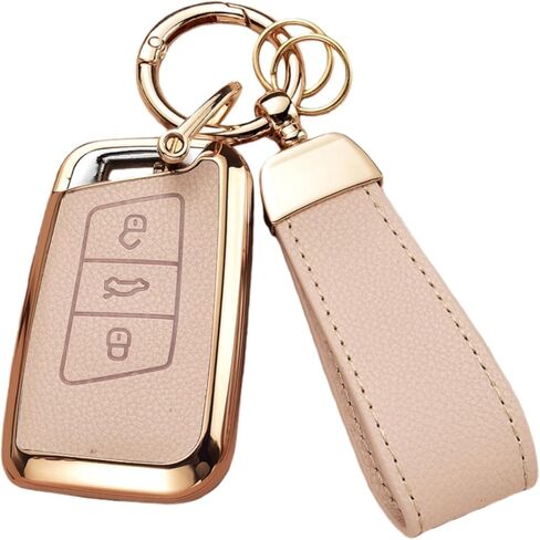 غطاء Key Fob متوافق مع سيارة Volkswagen VW Atlas Tiguan Jetta Passat Golf Alltrack Arteon Taos، جلد علوي + غطاء غطاء مفتاح من مادة TPU (5 أزرار، بني) in Kuwait