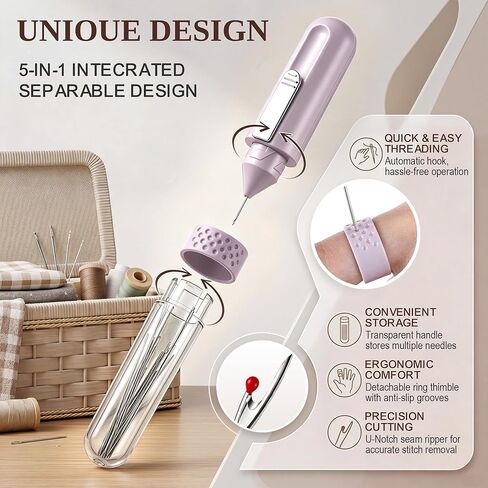 Needle Threaders Kit, Upgraded 5-in-1 Automatic Needle Threaders for Quick Threading with Seam Ripper, Needles Minder, Thimble & 20 Sewing Needles, Fit Hand Sewing, Embroidery, Cross Stitch, Repairs in Kuwait