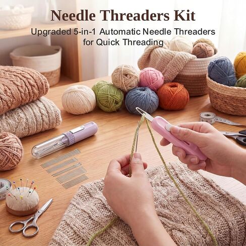 Needle Threaders Kit, Upgraded 5-in-1 Automatic Needle Threaders for Quick Threading with Seam Ripper, Needles Minder, Thimble & 20 Sewing Needles, Fit Hand Sewing, Embroidery, Cross Stitch, Repairs in Kuwait