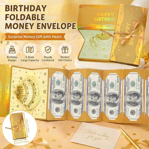 مجموعة بطاقات عيد ميلاد سعيد ومظروف نقود منبثقة ثلاثية الأبعاد للهدايا النقدية، كعكة ذهبية سوداء وبالون موضوع للبالغين والأطفال مع مغلفات in Kuwait