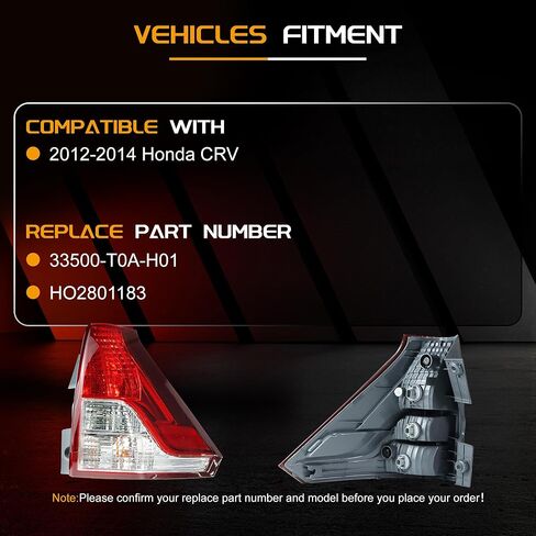 Tail Light Assembly with bulbs Compatible With 2012-2014 Honda CRV - (Right Passenger Side), Replace 33500-T0A-H01 HO2801183 in Saudi Arabia