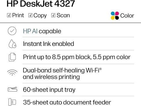طابعة HP DeskJet 4327 اللاسلكية الكل في واحد نافثة للحبر ملونة، ماسح ضوئي، ناسخة، الأفضل للمنزل، تجربة 6 أشهر من الحبر الفوري، قادرة على الذكاء الاصطناعي (B3ZF6A) in Kuwait