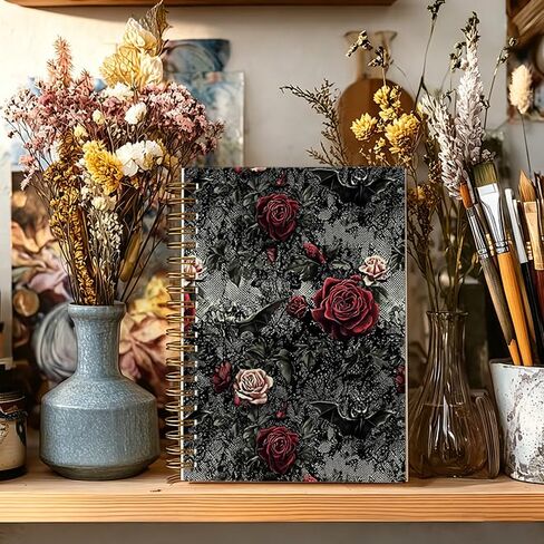 JTRYHRERE Black and Red Romantic Goth Rose Floral Spiral Notebook for Work Study, Whimsical Gothic Flower Bat Lace Aesthetic Notebook Journal for Women Note Taking, 5.5x8.3 Inch in Kuwait