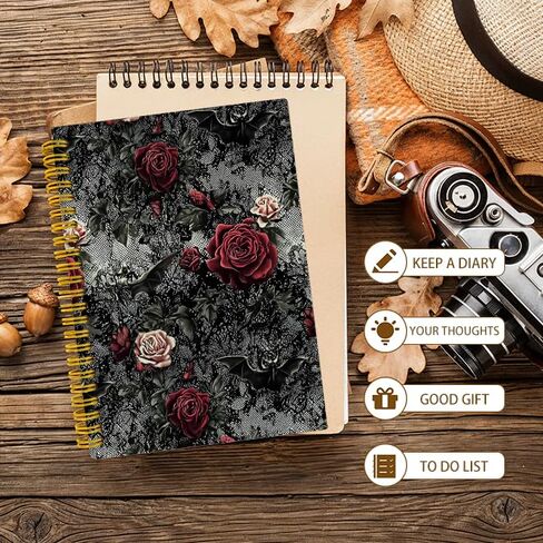 JTRYHRERE Black and Red Romantic Goth Rose Floral Spiral Notebook for Work Study, Whimsical Gothic Flower Bat Lace Aesthetic Notebook Journal for Women Note Taking, 5.5x8.3 Inch in Kuwait