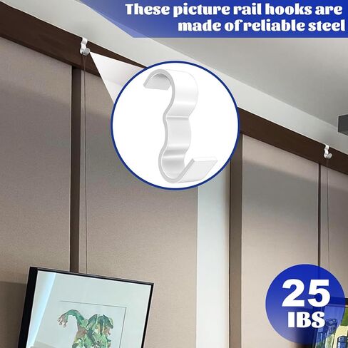 25 Pack Picture Rail Hooks, Metal Picture Rail Hangers for Art Hanging System, Molding Hooks for Picture Hanging, Supports up to 25 lbs, White in Saudi Arabia