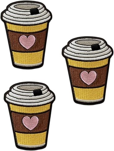 Coffee Cup Iron On Patch – Hot Beverage Embroidery, DIY Sew-On Patch for Jackets, Bags, Hats, and Clothing (3 Pcs) in Kuwait