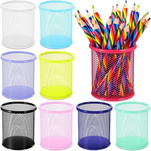 Pasimy 9 Pack Metal Pen Holder, Colorful Mini Pencil Cup Desktop Round Mesh Pencil Bucket Makeup Brush Organizer for Classroom School Office Stationery Supplies in Saudi Arabia