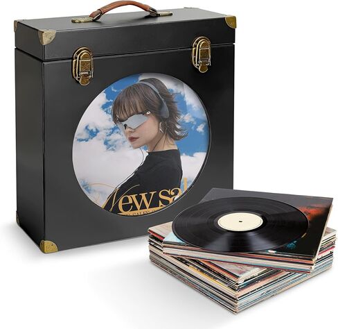 Solid Wood Vinyl Record Storage Box with Display Window - Holds 30 LPs, Acrylic Front, Leather Handle & Metal Lock for 12/10/7 Inch Records (Black) in Saudi Arabia
