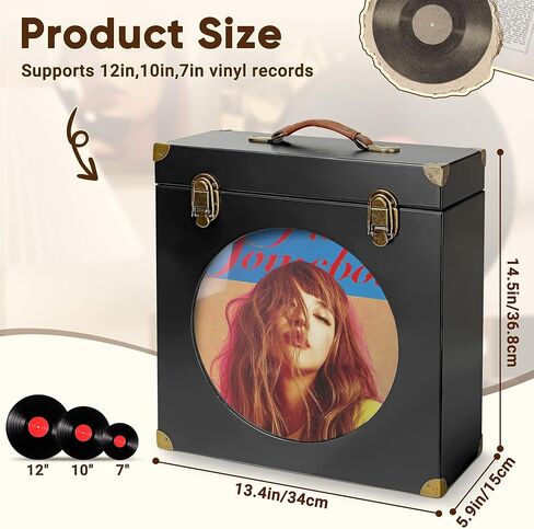 Solid Wood Vinyl Record Storage Box with Display Window - Holds 30 LPs, Acrylic Front, Leather Handle & Metal Lock for 12/10/7 Inch Records (Black) in Saudi Arabia
