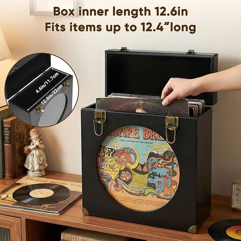 Solid Wood Vinyl Record Storage Box with Display Window - Holds 30 LPs, Acrylic Front, Leather Handle & Metal Lock for 12/10/7 Inch Records (Black) in Saudi Arabia