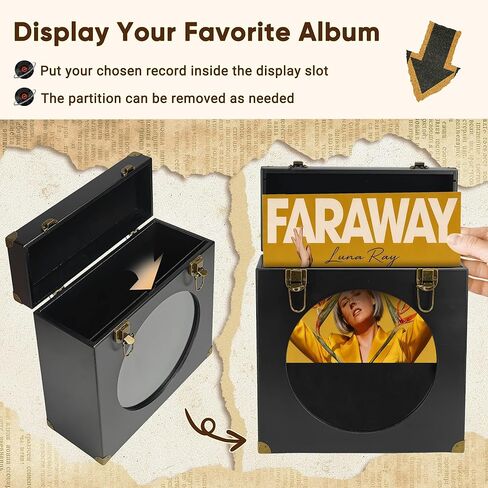 Solid Wood Vinyl Record Storage Box with Display Window - Holds 30 LPs, Acrylic Front, Leather Handle & Metal Lock for 12/10/7 Inch Records (Black) in Saudi Arabia