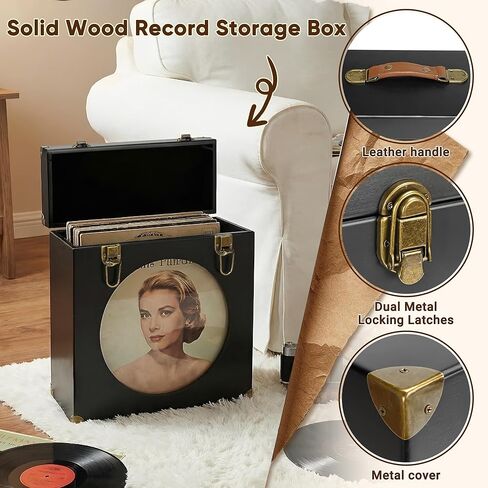 Solid Wood Vinyl Record Storage Box with Display Window - Holds 30 LPs, Acrylic Front, Leather Handle & Metal Lock for 12/10/7 Inch Records (Black) in Saudi Arabia