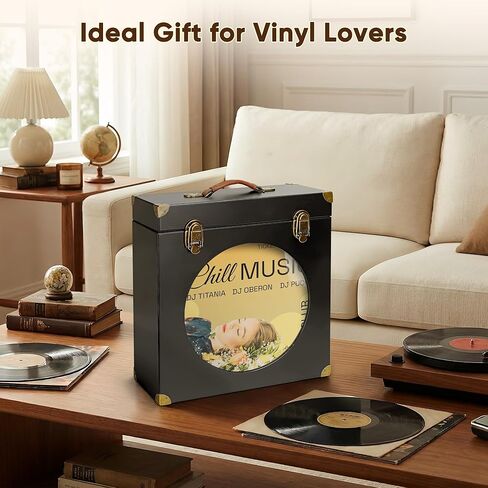 Solid Wood Vinyl Record Storage Box with Display Window - Holds 30 LPs, Acrylic Front, Leather Handle & Metal Lock for 12/10/7 Inch Records (Black) in Saudi Arabia