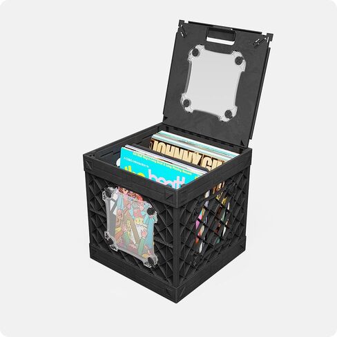 CrateVinyl - Vinyl Record Storage Crate Modular Storage Cube for LP Albums with Divider and 2 Clear Panels (Black crate - Clear panels) in Saudi Arabia
