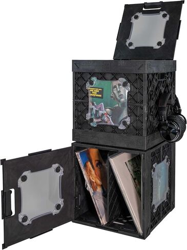 CrateVinyl - Vinyl Record Storage Crate Modular Storage Cube for LP Albums with Divider and 2 Clear Panels (Black crate - Clear panels) in Saudi Arabia