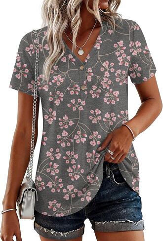 BISHUIGE Womens Henley Tunic Tops Button Up Tshirts Short Sleeve Vneck Casual Blouses in Saudi Arabia