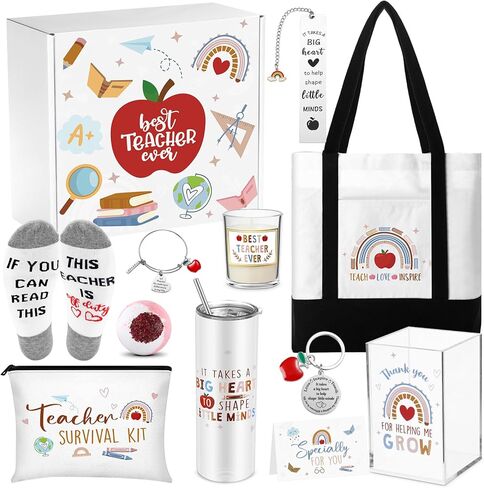 FoldTier Best Teacher Ever Gift Set: Classic Teacher Appreciation Gifts for Women; Includes Tumbler, Tote, Cosmetic Bag, Bracelet, Keychain, Bookmark, Candle, Socks, Pen Holder, Thank You Card in Kuwait