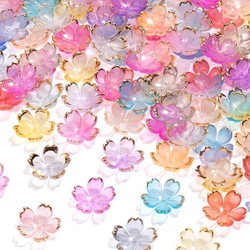 100 Pcs Blossom Acrylic Flower Beads, 5-Petal Flower Beads for Jewelry Making, Gold-Plated Cherry Blossom Beads, Flowers Bead for Crafts, Bracelets (Multiple Colors) in Saudi Arabia