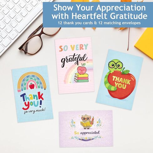 Teacher Thank You Cards with Envelopes 12 Set Teacher Appreciation Gifts In Bulk Cute Thank You Notes with Envelopes Set Thank You Cards for Teacher's Day Graduation Christmas Valentine's Day in Saudi Arabia