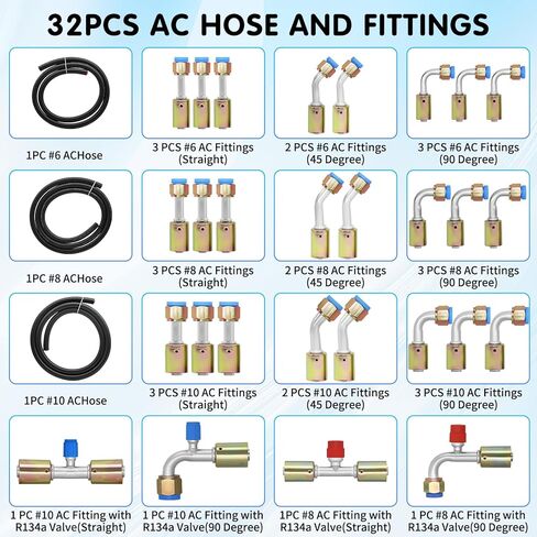 32pcs AC Hose and Fitting Kit, 6.5FT #6#8#10 Air Conditioning A/C Hose and #6#8#10 A/C Line Adapters, Automotive Air Conditioning Hose Repair Kit with R134a Pressure Valve in Saudi Arabia