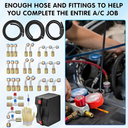 32pcs AC Hose and Fitting Kit, 6.5FT #6#8#10 Air Conditioning A/C Hose and #6#8#10 A/C Line Adapters, Automotive Air Conditioning Hose Repair Kit with R134a Pressure Valve in Saudi Arabia