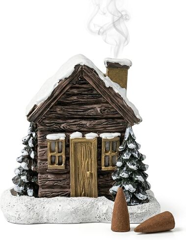 Log Cabin Incense Burner - Log Cabin Snowy Winter Incense Burner, Resin Home Incense Cone Burner with 2 Incense Cones, Aromatherapy Diffuser Home Tabletop Decorations (B) in Kuwait