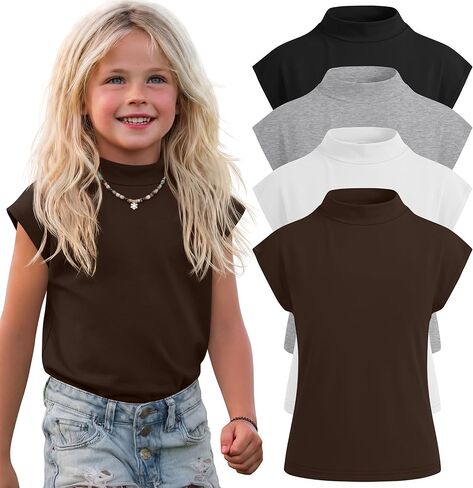 4 Pack Girl's Cap Sleeve Shirts Mock Turtle Neck T-Shirts Soft Casual Tunic Top Stretchy Cute Solid Summer Tees Top in Saudi Arabia