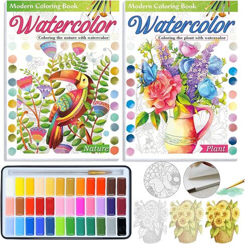 2Pack Watercolor Coloring Book for Adults + 36 Color Watercolor Set: 24 Unique Patterns, 100% Cotton 300gsm A4, for Beginners & Advanced to Enhance Techniques, Gift for Women(Plant & Butterfly) in Saudi Arabia