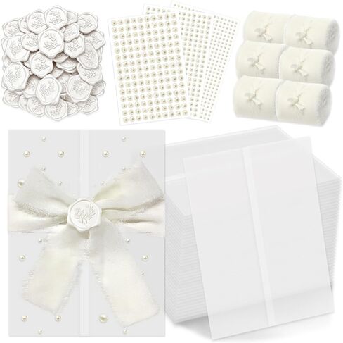 50 Sets Wedding Invitation Kit, Pre-Folded Vellum Jackets for 5x7 Invitations Accessories Wax Seal Stickers Ribbon & Dried Flowers for DIY Wedding Invites in Saudi Arabia