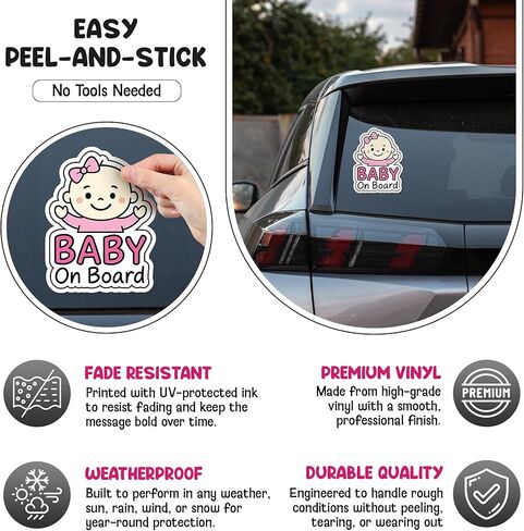 | ملصق Baby On Board للسيارات - مقاس 7 × 5.3 بوصة - لاصق قوي، متين، مقاوم للبهتان، مقاوم للطقس للأطفال في السيارة للعائلات in Kuwait