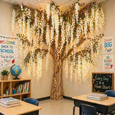 3D Wisteria Tree Ceiling Decor with Light, Back to School Classroom Bulletin Board Decor, 24 PCS Kraft Paper Fake Vine for Hanging Bedroom Indoor Aesthetic Decoration White in Saudi Arabia