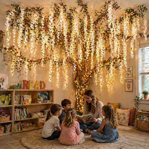3D Wisteria Tree Ceiling Decor with Light, Back to School Classroom Bulletin Board Decor, 24 PCS Kraft Paper Fake Vine for Hanging Bedroom Indoor Aesthetic Decoration White in Saudi Arabia