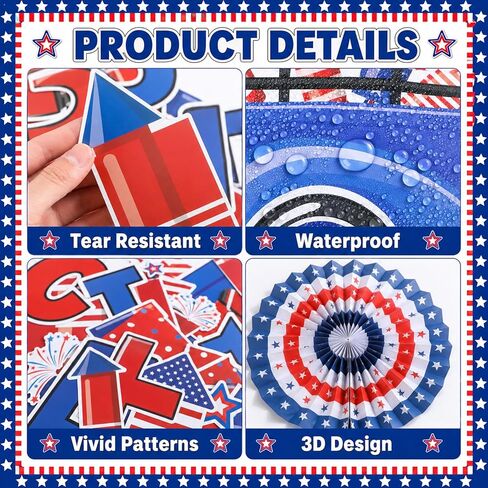 4th of July Bulletin Board Set Patriotic Bulletin Board Classroom Decor 3D Red Blue White Paper Fans Independence Day Cutouts American Flag Decorations for Veterans Memorial Day School Wall Supplies in Saudi Arabia
