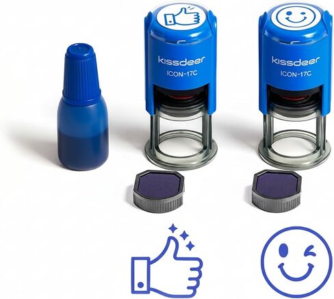 Self-Inking Thumbs Up & Smiley Face Stamp (18mm) - Blue Pre-Inked Rubber Stamp for Teacher Grading, Customer Service Gratitude, Office Appreciation & Service with a Smile - Refillable (Blue Ink) in Saudi Arabia