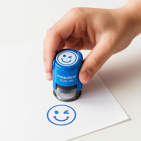 Self-Inking Thumbs Up & Smiley Face Stamp (18mm) - Blue Pre-Inked Rubber Stamp for Teacher Grading, Customer Service Gratitude, Office Appreciation & Service with a Smile - Refillable (Blue Ink) in Saudi Arabia