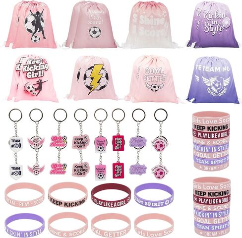 Soccer Goodie Bags for Team, 16 Pack Party Favors Set with Drawstring Backpacks, Wristbands & Keychains, Youth Team Gifts for Birthday and End of Season, Pink for Girls in Saudi Arabia